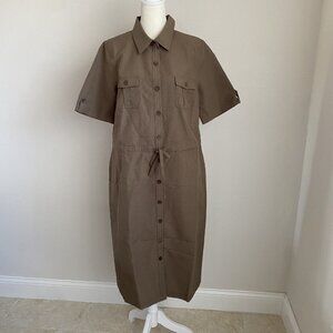 NEW Appleseed's Dress Womens 10 Cuffed Sleeves Button-up Drawstring Army Green